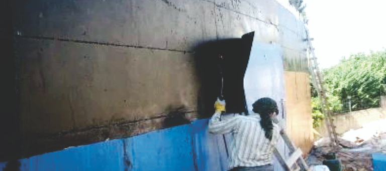 PVC membrane protection boards installed on basement wall for waterproofing