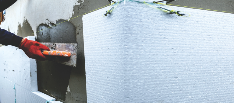 Styrofoam insulation boards applied on exterior wall for waterproofing and thermal protection